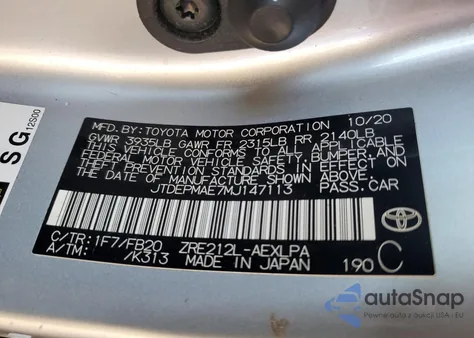 2021 Toyota Corolla Le z USA, uszkodzony, nr VIN JTDEPMAE7MJ147113